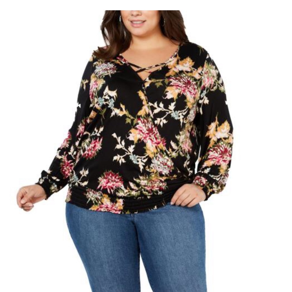 Women’s floral print smocked wrap top black 0X